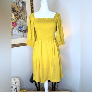 Goodthreads Yellow Smocked Dress 3/4 Sleeve Square Neck Size Small NWT